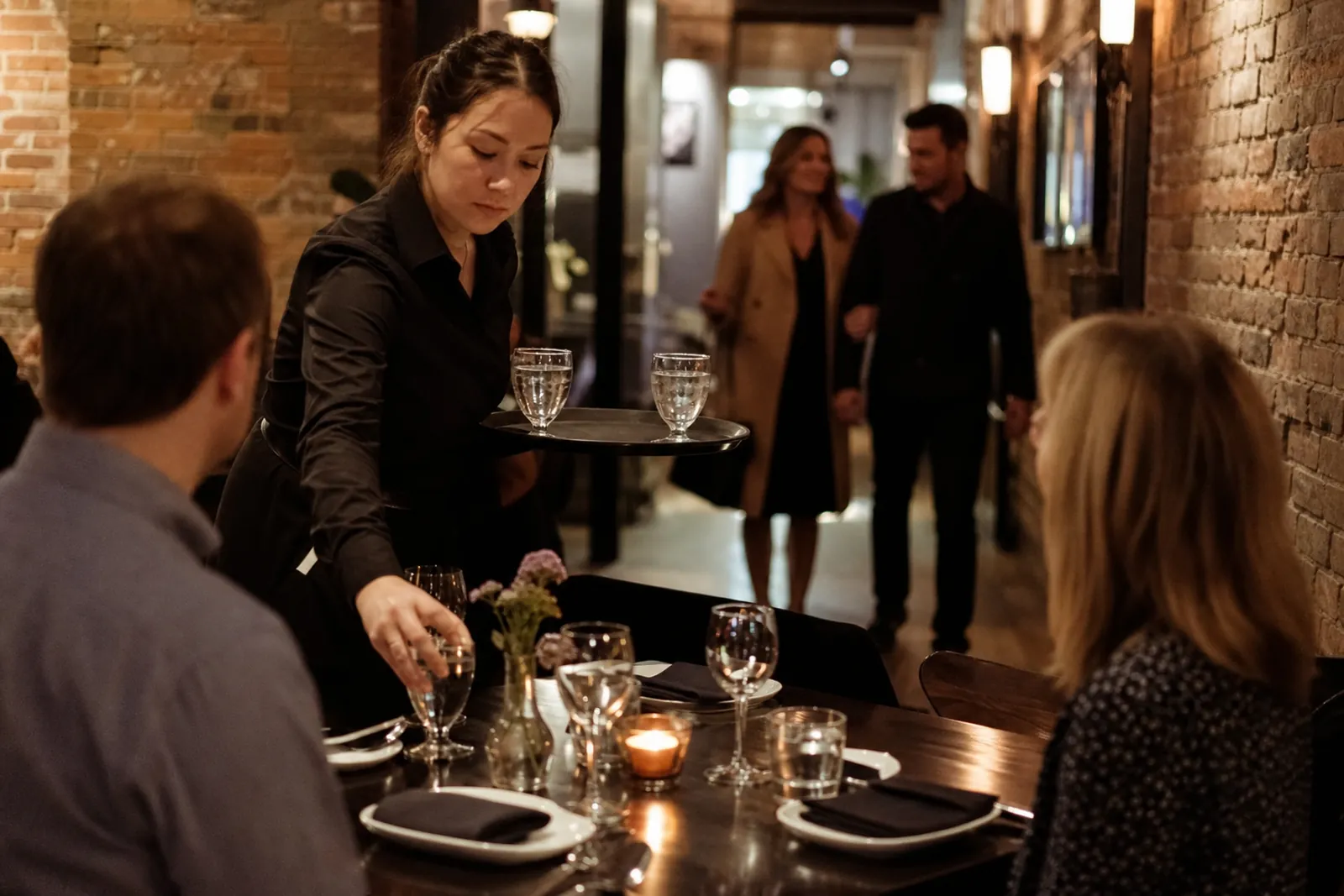 A candid evening photo of a server setting down drinks at a softly lit table while a couple enters a warm, narrow restaurant room in the background.