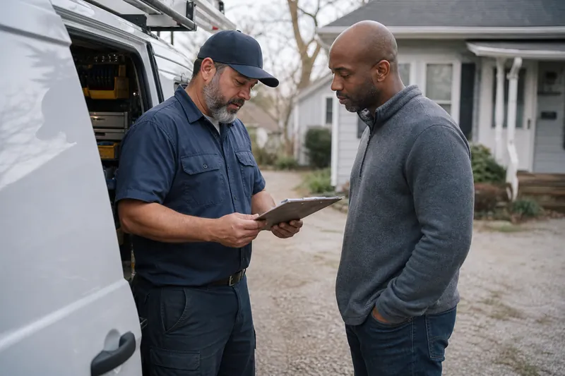A small business owner and a field technician stand beside a service van outside a modest neighborhood home, talking over job notes on a clipboard.