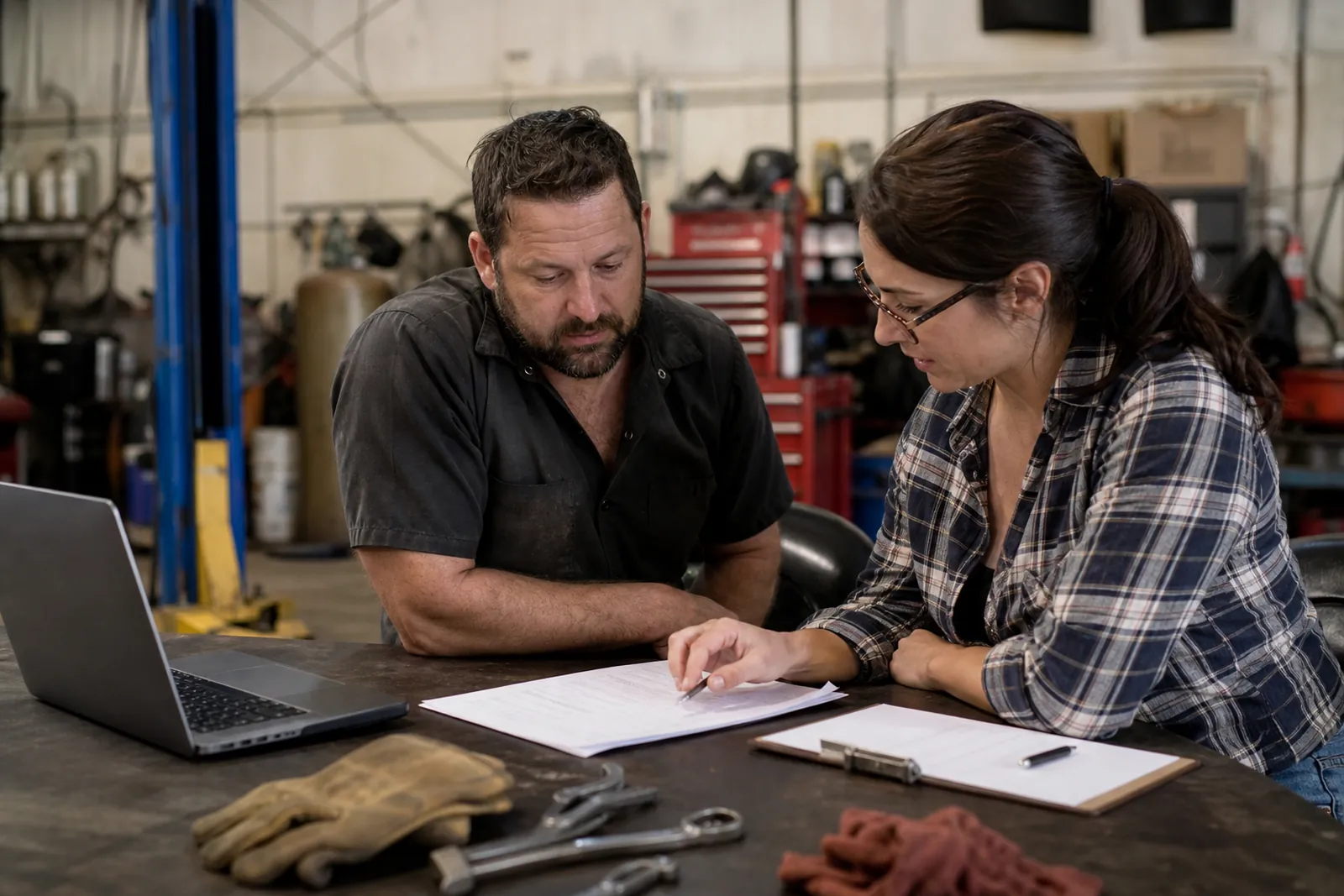 A small business owner and a web helper sit at a workbench in a service shop, looking over a printed website checklist beside tools, a clipboard, and a laptop with no readable screen text.