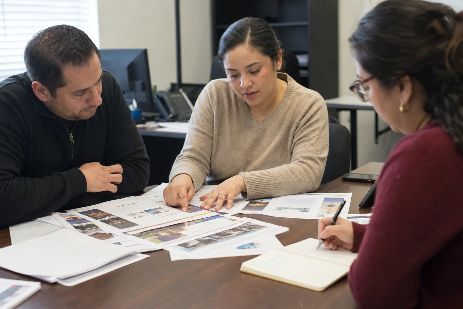 A small business owner and a web worker reviewing printed website pages at a kitchen table in a modest Miami office, with a phone, notebook, and a laptop nearby, natural light, candid and realistic.