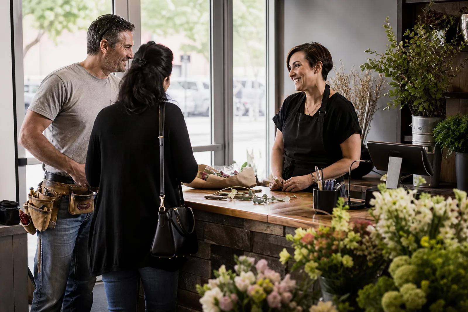 A local contractor and a salon owner chatting with a customer at a small storefront counter, with tools and fresh flowers nearby, in natural daylight.