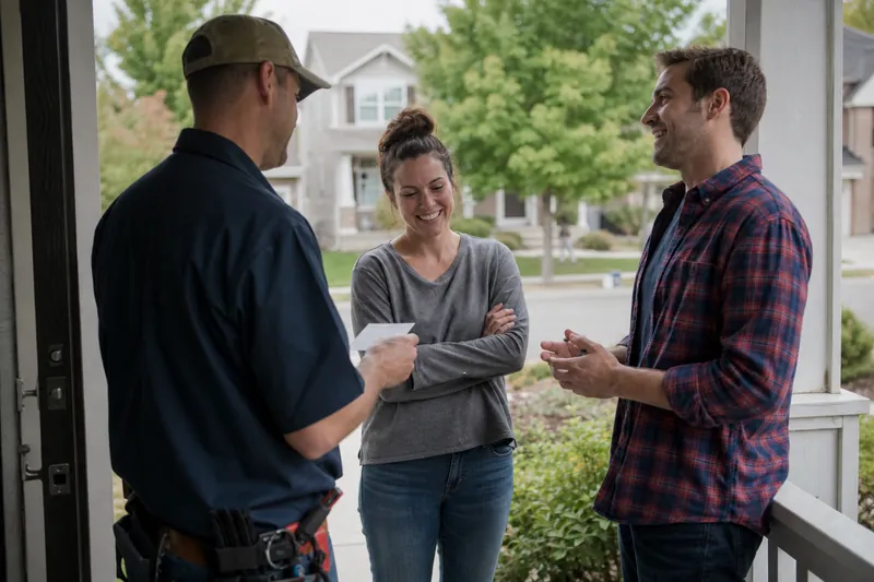 A contractor standing at a front door with a smiling homeowner, holding a small paper card while a neighbor chats nearby on a quiet residential street.