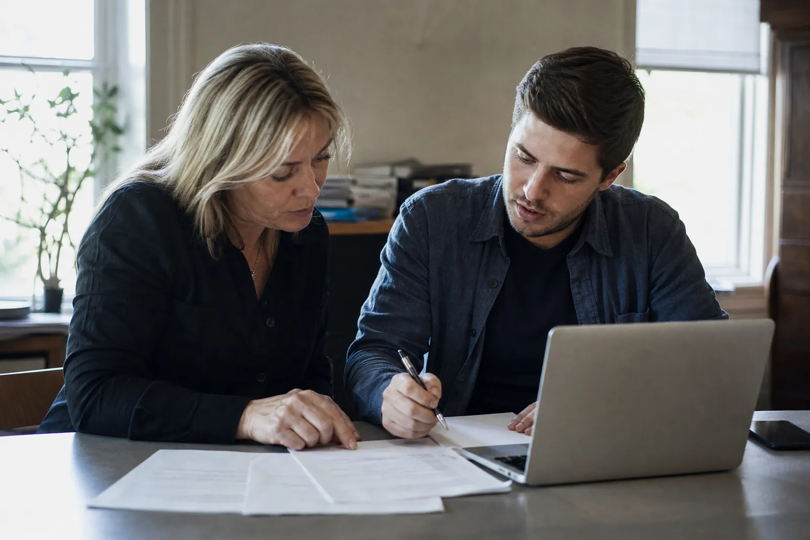 A small business owner and a web helper sit at a desk in a modest office with a laptop open, papers spread out, and a phone nearby, both looking over a simple site recovery checklist.
