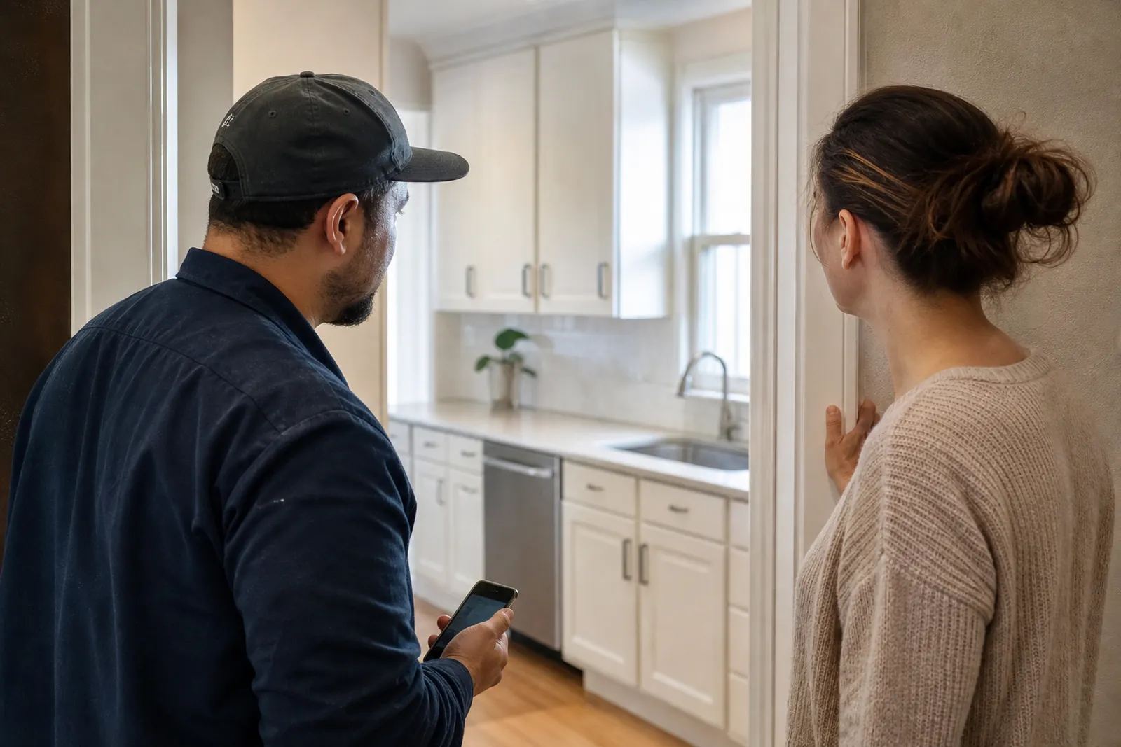 A contractor and a homeowner stand in a quiet kitchen doorway looking at a freshly finished repair while a phone rests in the contractor’s hand, with tools and dust cloths out of the way.