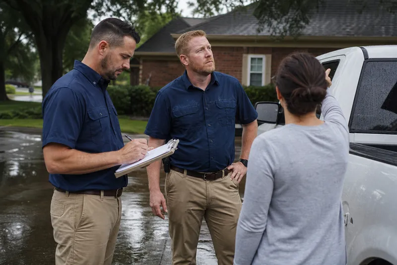 A contractor in work clothes stands with a homeowner outside a house with storm-damaged roofing, holding a phone and looking at roof repairs, with tools and debris visible in natur