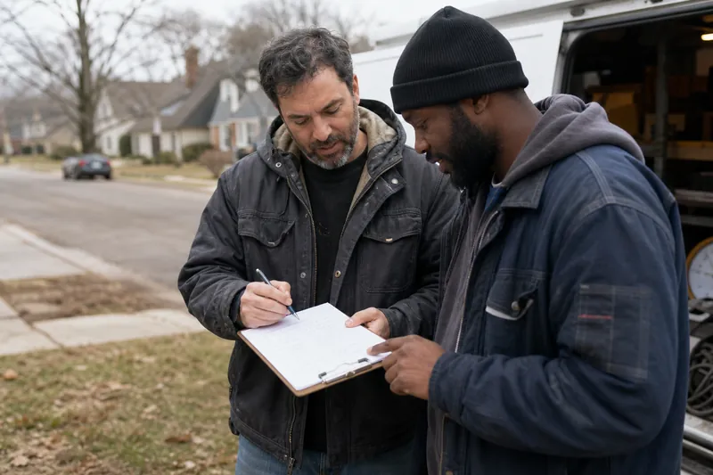 A small business owner and a colleague standing beside a work van in a quiet neighborhood, looking at a handwritten list of possible business names on a clipboard while talking.