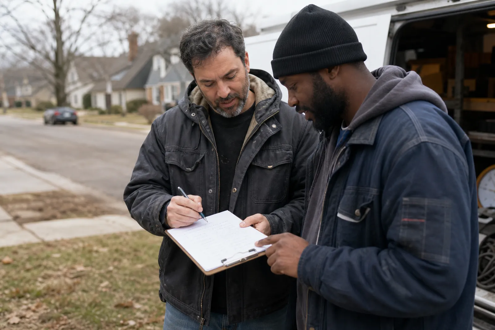 A small business owner and a colleague standing beside a work van in a quiet neighborhood, looking at a handwritten list of possible business names on a clipboard while talking.