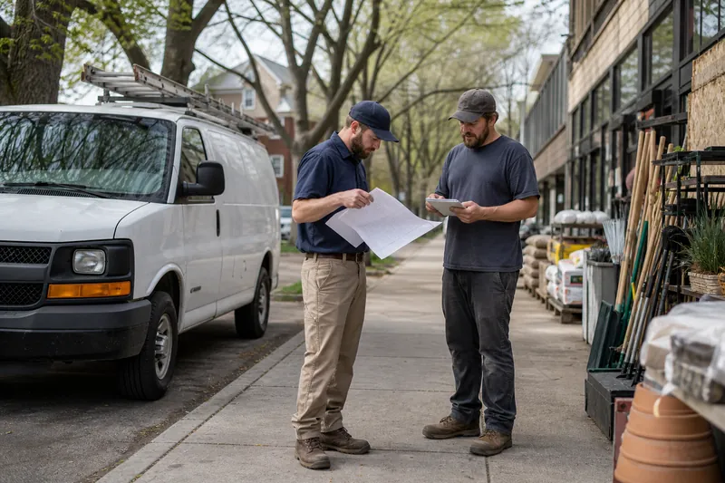 A service van parked outside a neighborhood hardware store while two coworkers on a sidewalk compare a paper service map and a notepad, with homes and tree-lined streets in the bac