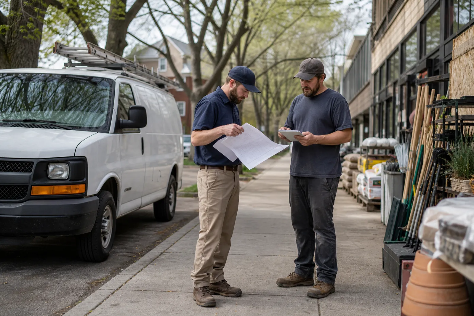 A service van parked outside a neighborhood hardware store while two coworkers on a sidewalk compare a paper service map and a notepad, with homes and tree-lined streets in the background.
