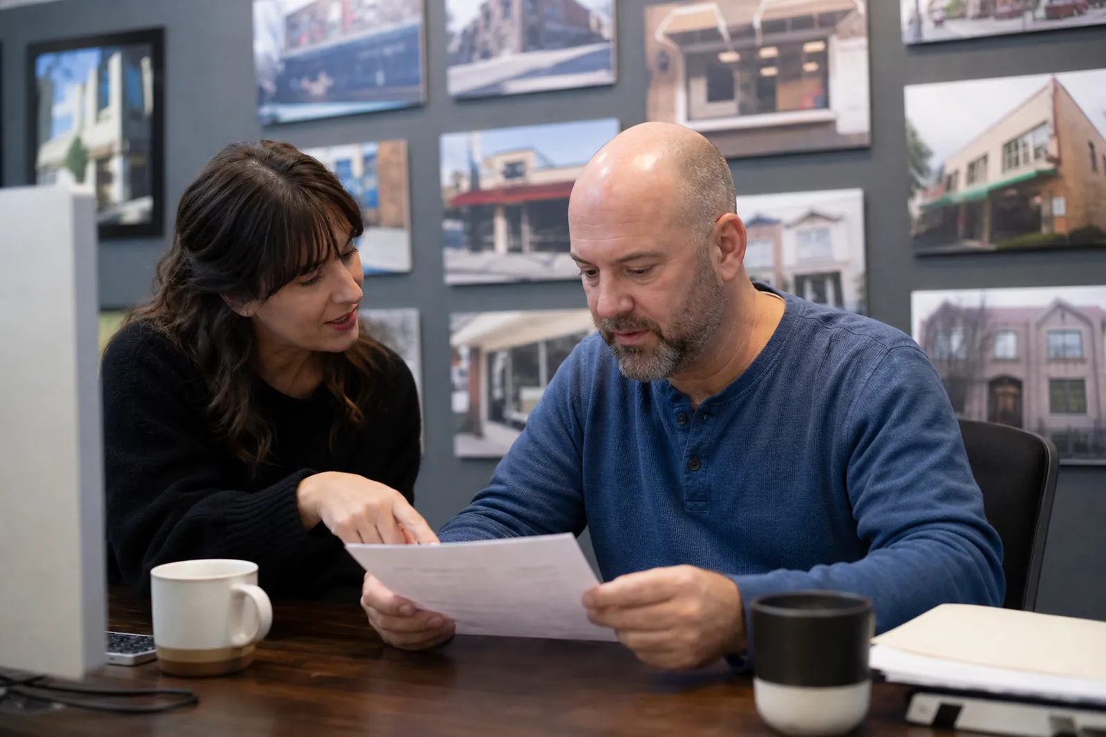 A small business owner and a web studio team member reviewing a printed checklist at a desk in a modest local office, with a storefront photo wall in the background and coffee cups nearby.