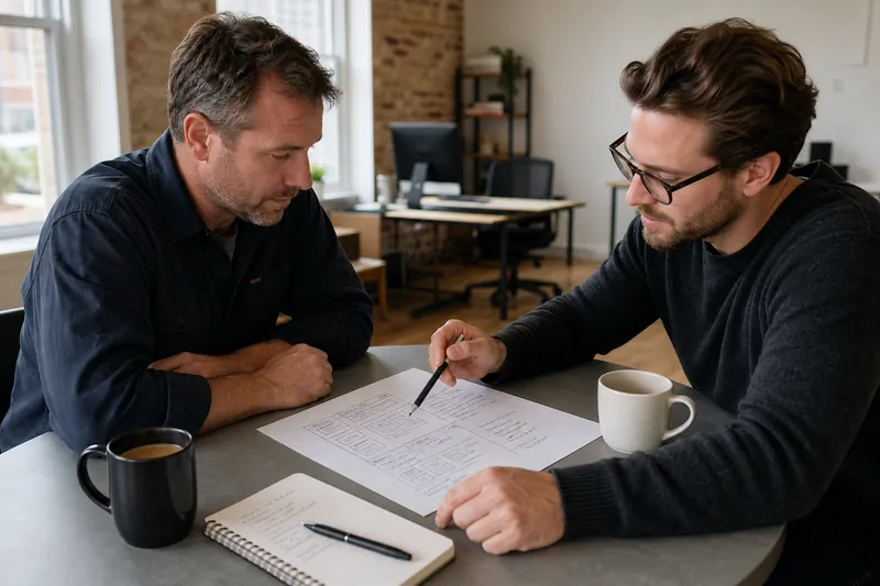 A service business owner and a web designer sit at a small table in a bright office, looking over a printed sketch of a website structure with town and service notes, while coffee 