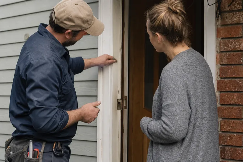 A service pro in work clothes stands with a homeowner at the front door of a modest house, both looking at a small repair area while talking in a calm, friendly way.
