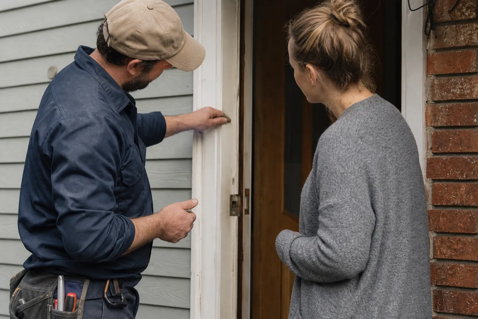 A service pro in work clothes stands with a homeowner at the front door of a modest house, both looking at a small repair area while talking in a calm, friendly way.