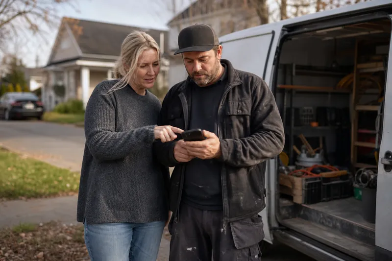 A contractor in work clothes and a homeowner stand beside a parked van on a quiet residential street, both looking at a phone while the homeowner points at the screen.