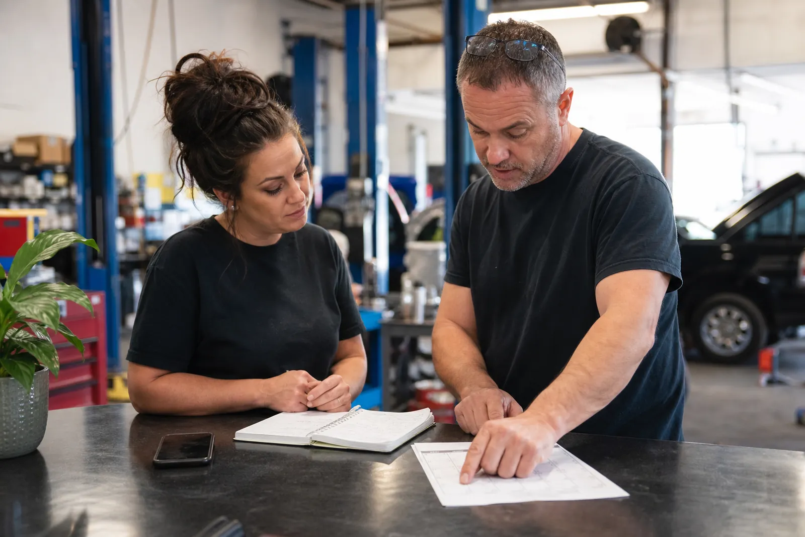 A small business owner and a team member standing by a front counter with a printed calendar, a notebook, and a phone, reviewing renewal dates in a busy service shop.