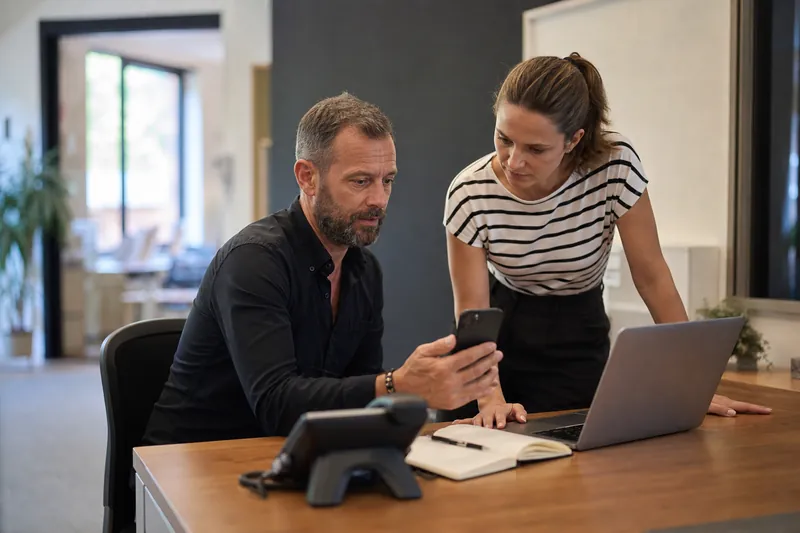 A small business owner and a team member stand in a tidy service office with a phone, a notebook, and a laptop on the desk while they review incoming customer messages together.