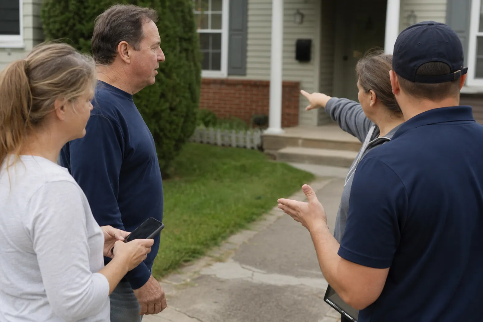 A small group of neighbors and a local service owner talking on a sidewalk outside a modest home, with one person holding a phone and others pointing toward a nearby driveway and front door.