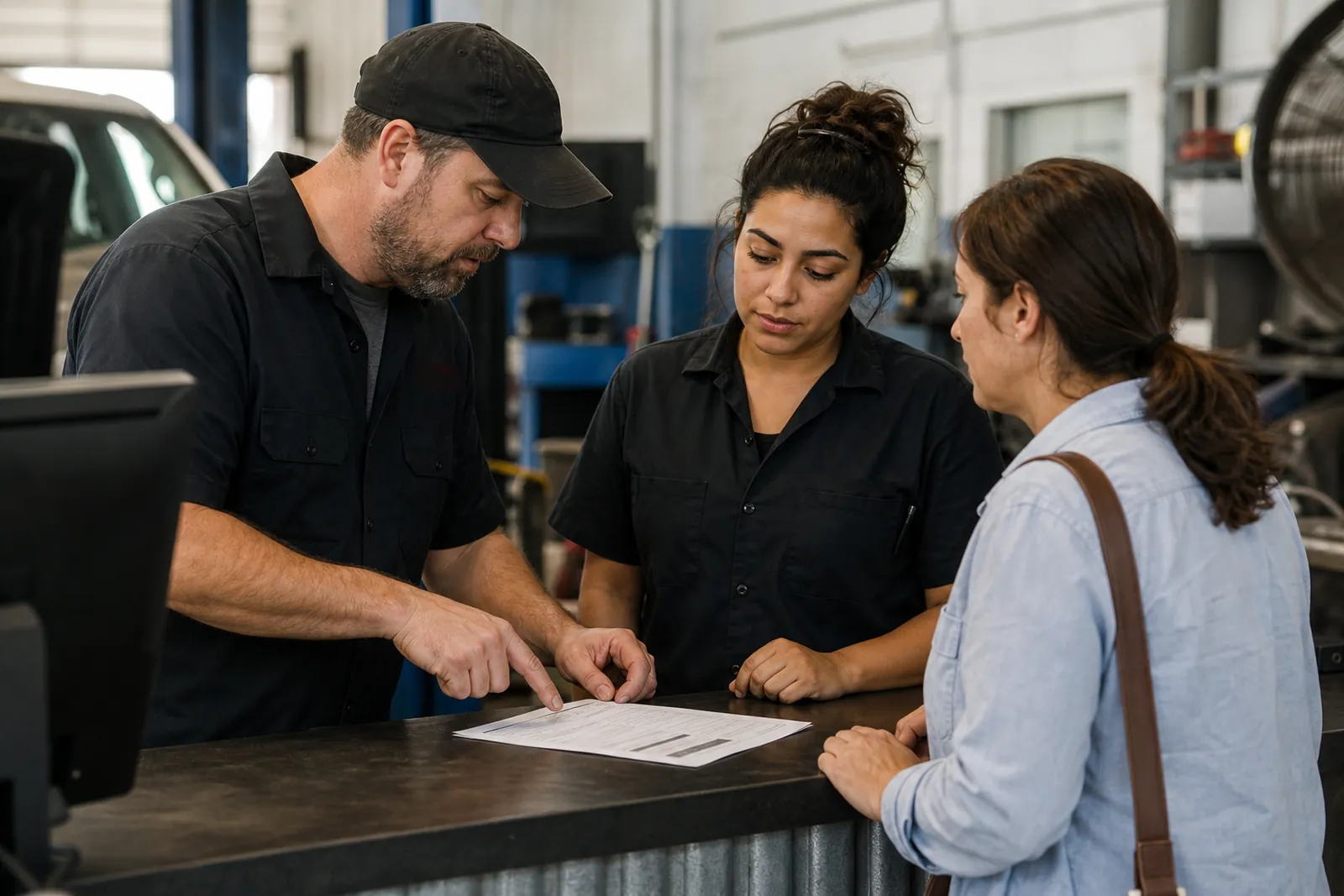 A small business owner stands with a team member in a modest service shop, looking at a printed customer feedback sheet on a counter while a real customer talks nearby.