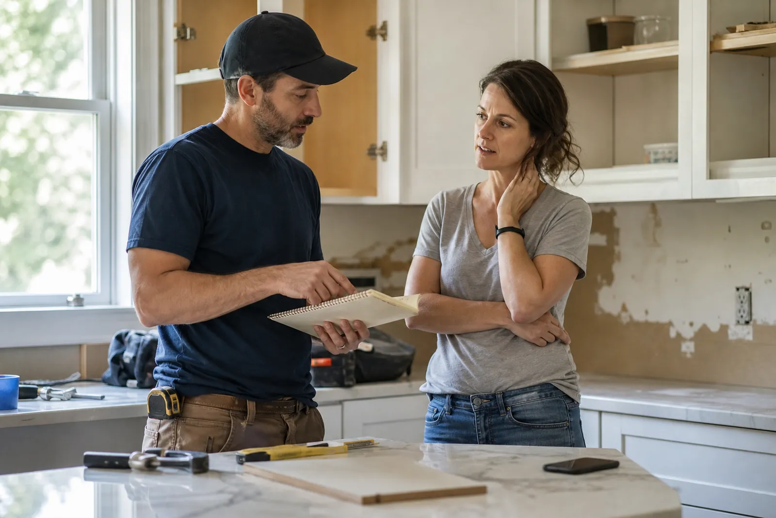 A contractor and a homeowner standing in a kitchen with a notebook open, talking beside a half-finished repair while a phone rests on the counter, natural light coming through the window.
