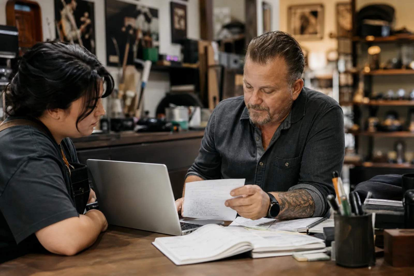 A local business owner and a team member sit at a small worktable in a modest shop, sorting a handwritten list of services beside a laptop, with tools and appointment books in the background.