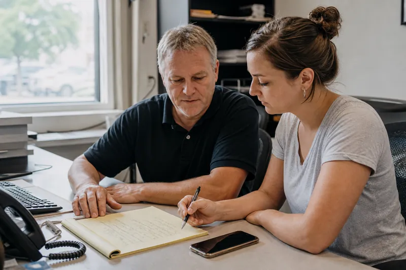 A small business owner and office staff member sit at a desk with a notepad full of handwritten customer phrases while a phone rests nearby and daylight comes through a front windo