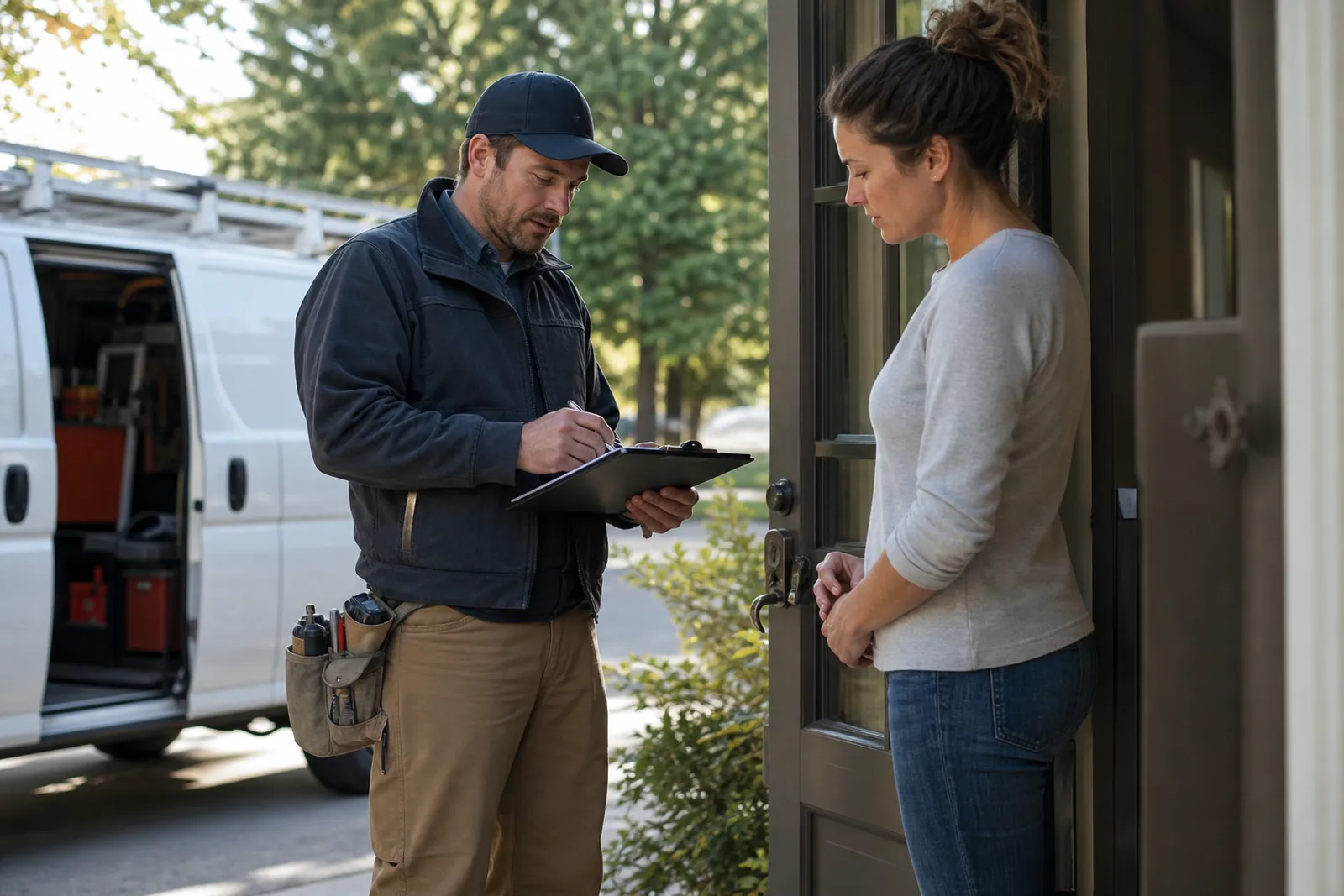 A small contractor standing beside a work van in a quiet driveway, looking at a clipboard while speaking calmly with a homeowner at the front door.
