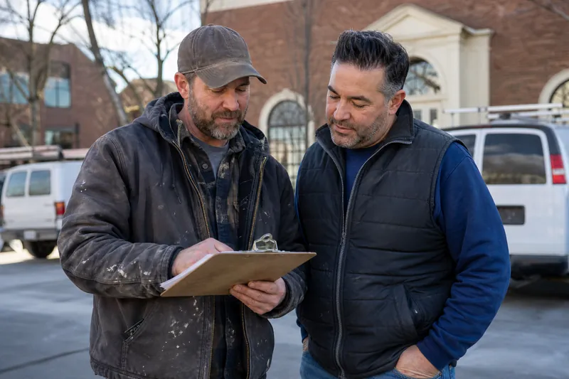 A contractor and a shop owner standing together outside a local chamber event hall after a community meeting, talking over a clipboard while parked service vans and small businesse