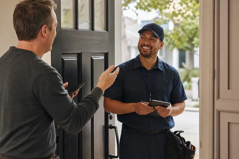 A small business owner in work clothes standing beside a freshly finished home service job with a smiling customer on a front porch, both talking casually in daylight.
