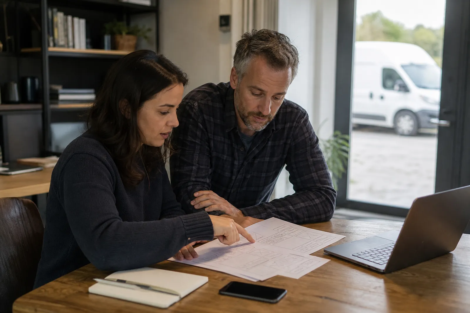 A small business owner and a web specialist stand at a table in a modest office, looking over printed website notes with a notebook, a phone, and a laptop beside them, while a service van waits outside in the background.