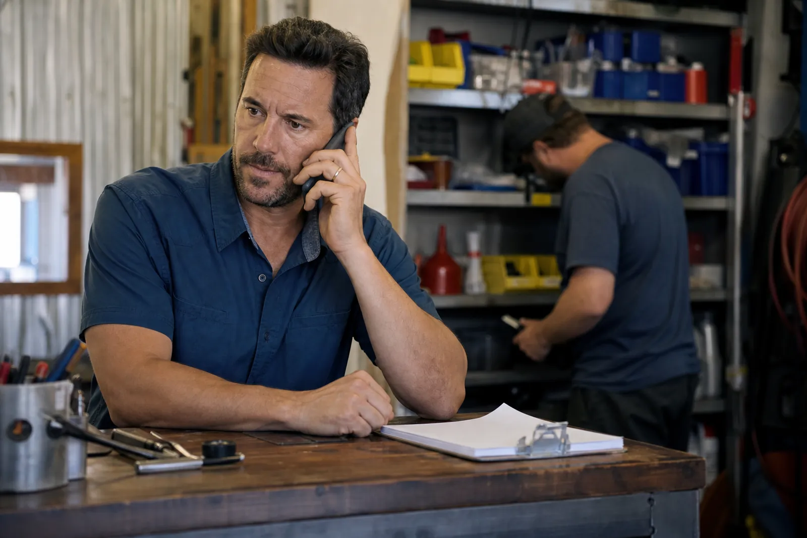 A service business owner stands at the counter in a small workshop, speaking calmly on a phone while a clipboard and tools sit nearby, with another worker in the background sorting supplies.