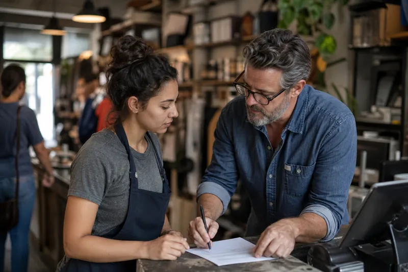 A shop owner and a staff member stand near the front counter of a small local service business, talking over a printed page draft with a pen in hand while customers move in the bac