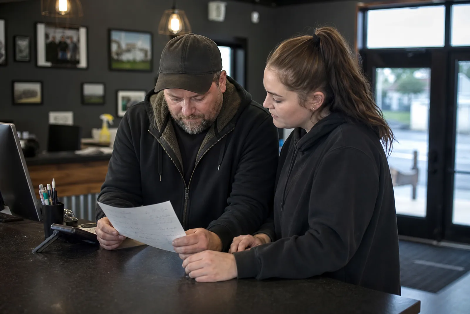 A small service business owner and a staff member stand at a front counter in the early morning, reviewing a handwritten holiday schedule on paper while the shop is quiet and the front door is still locked.