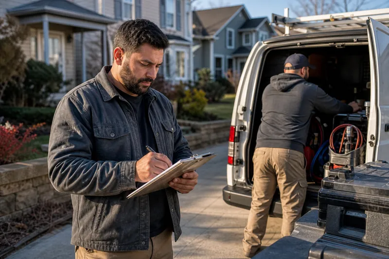 A contractor stands beside a work van in a driveway with a clipboard while a coworker loads tools, and a nearby row of homes sits in soft afternoon light.