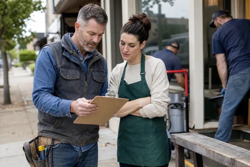 A candid photo of a small business owner and a crew standing beside a work van in a quiet neighborhood driveway, discussing a roofing job with tools nearby.