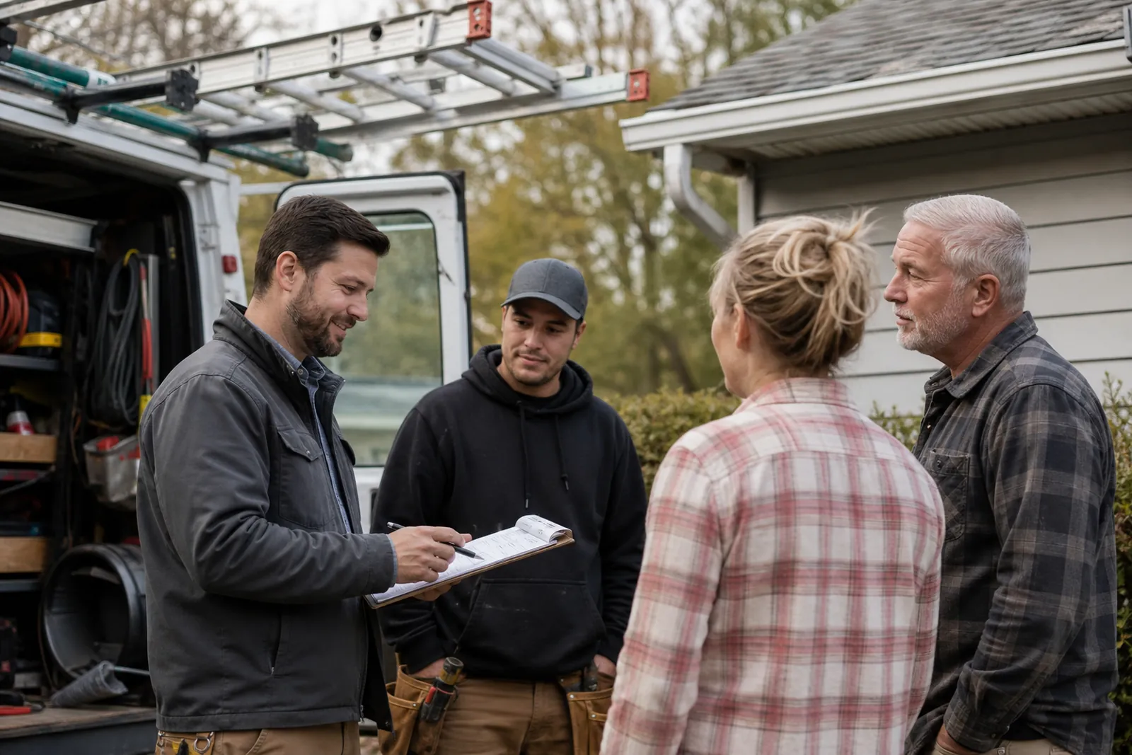 A Hispanic contractor in work boots talking with a homeowner on a front porch beside a service van, holding a clipboard with a quote while another worker loads tools in the driveway.