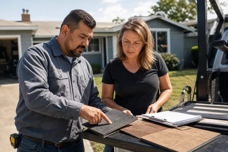 A roofer and a homeowner stand beside a work truck in a driveway, looking over roof samples and a clipboard near a single-story house on a sunny afternoon.