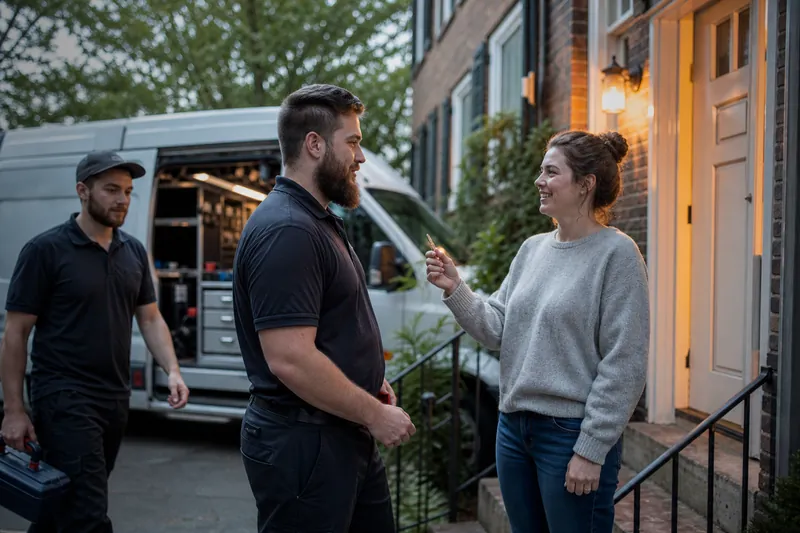 A locksmith standing beside a service van in a residential street talking with a customer holding new keys, no visible text