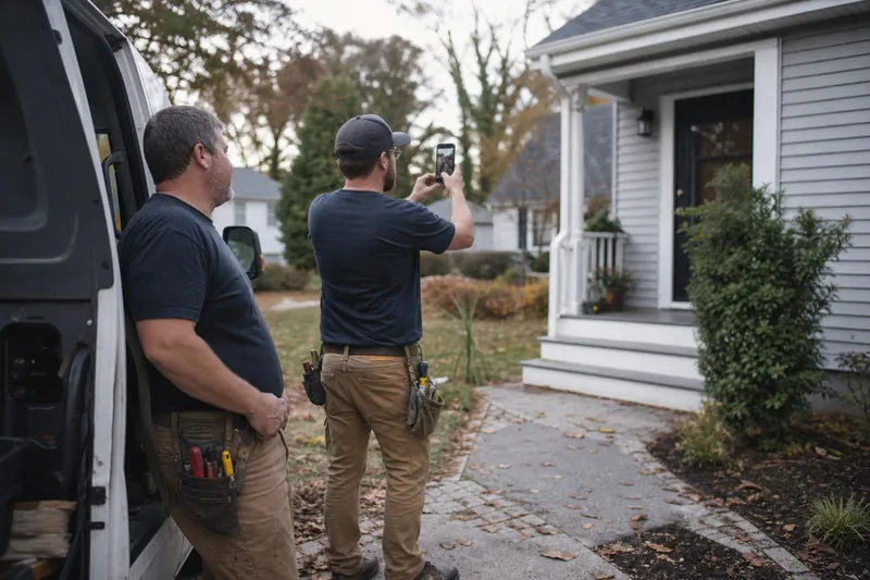 A contractor stands next to a van at a small house while a coworker takes a quick phone photo of a repaired front entry, with tools and daylight in a calm neighborhood setting.