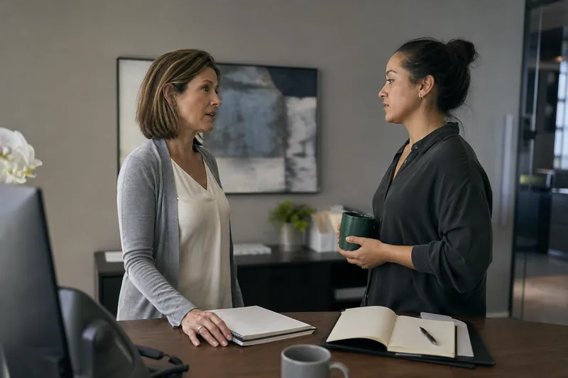 A small business owner and a teammate standing in a tidy service office after a tense customer call, talking quietly with notebooks and a coffee mug on the desk.
