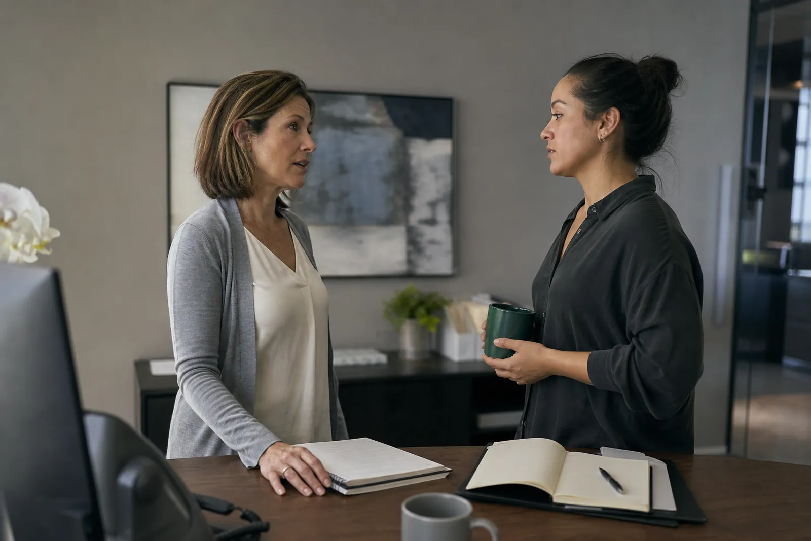 A small business owner and a teammate standing in a tidy service office after a tense customer call, talking quietly with notebooks and a coffee mug on the desk.