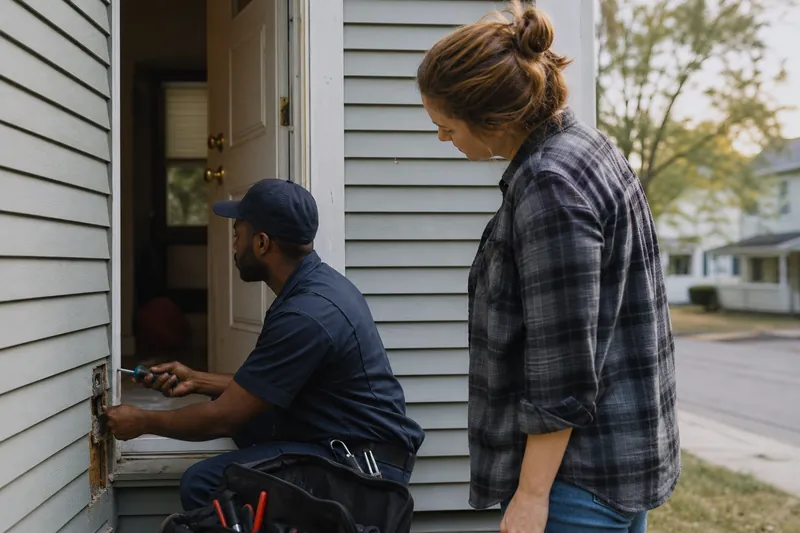 A service technician and a homeowner standing outside a modest house on a quiet street, looking at a repair area near an open door, with tools in hand and no visible text or logos.