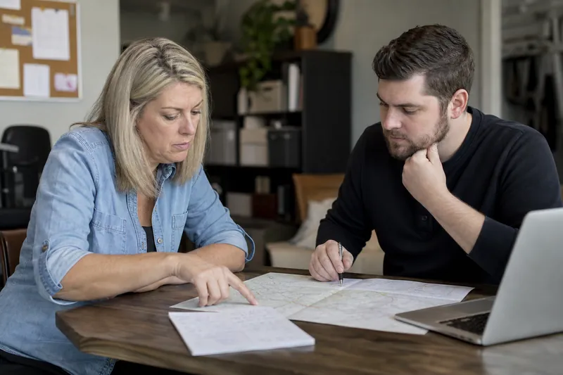 A local business owner and a web helper sit at a small table with a printed map and handwritten notes, planning nearby towns and page links in a quiet office.