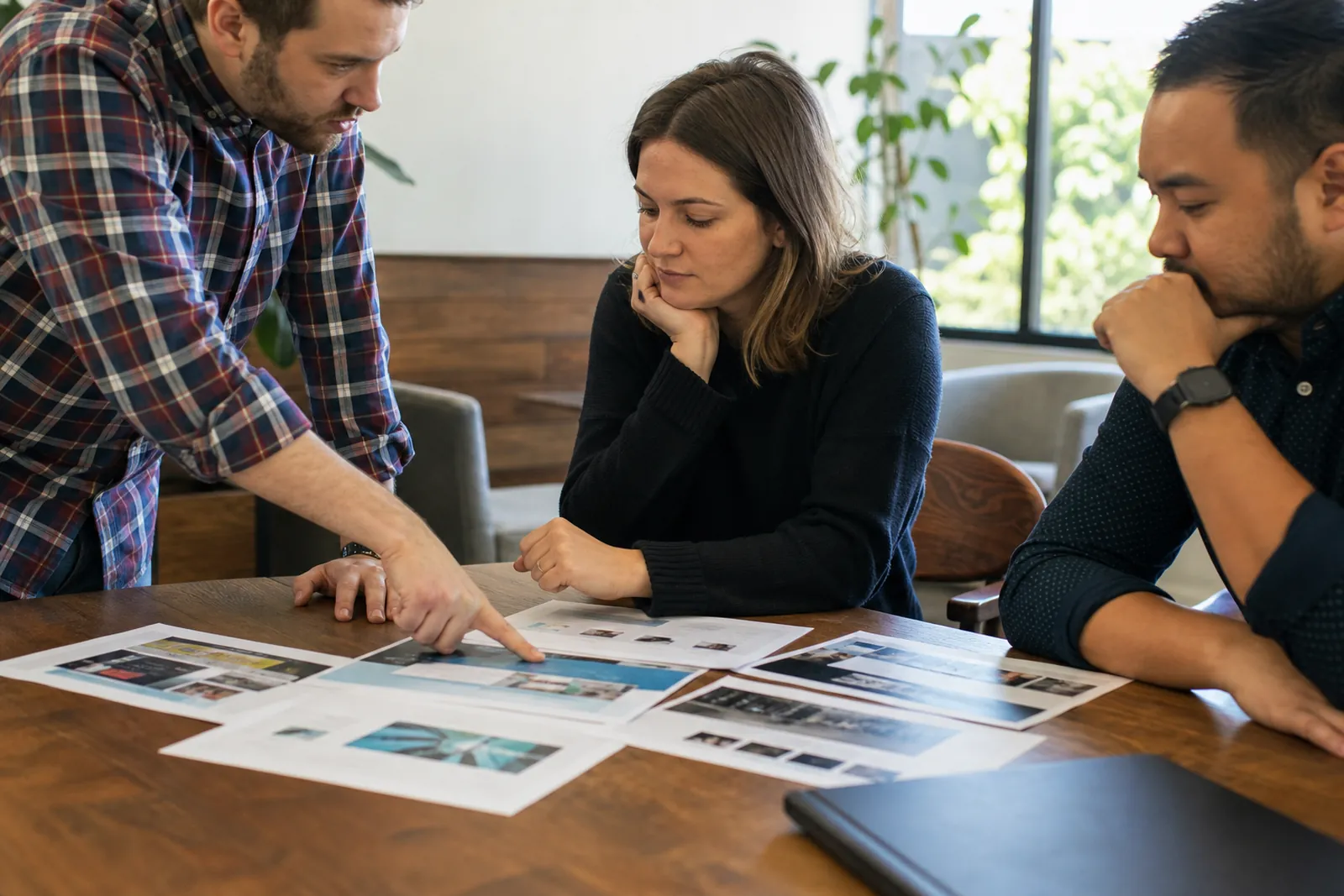 A small team at a service office table with printed website pages spread out, pointing between pages while a laptop sits closed nearby, natural light from a side window.