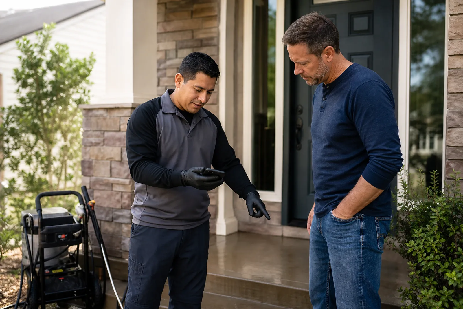 A contractor in work clothes photographing a finished backyard landscaping job with a smartphone while a coworker loads tools into a clean work van nearby, in a real suburban driveway at golden hour.