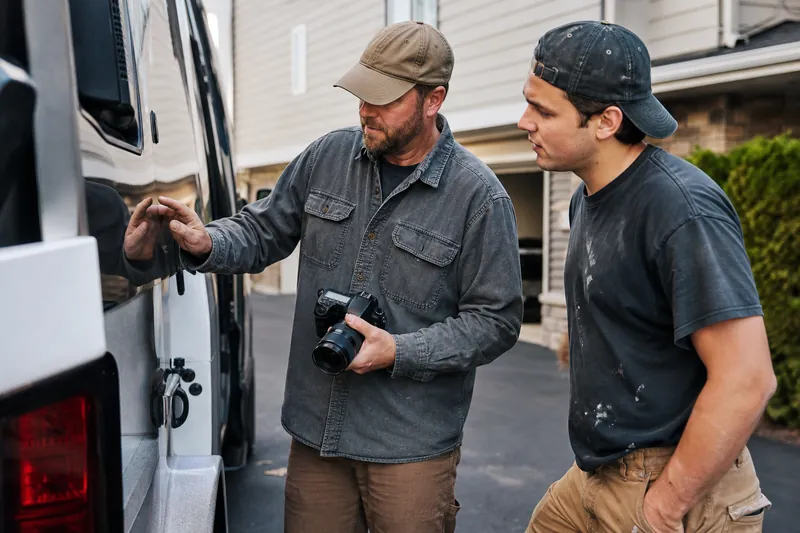 A contractor and a helper stand beside a work van in a quiet residential driveway, looking at a finished repair while one person holds a camera and the other points out a detail on