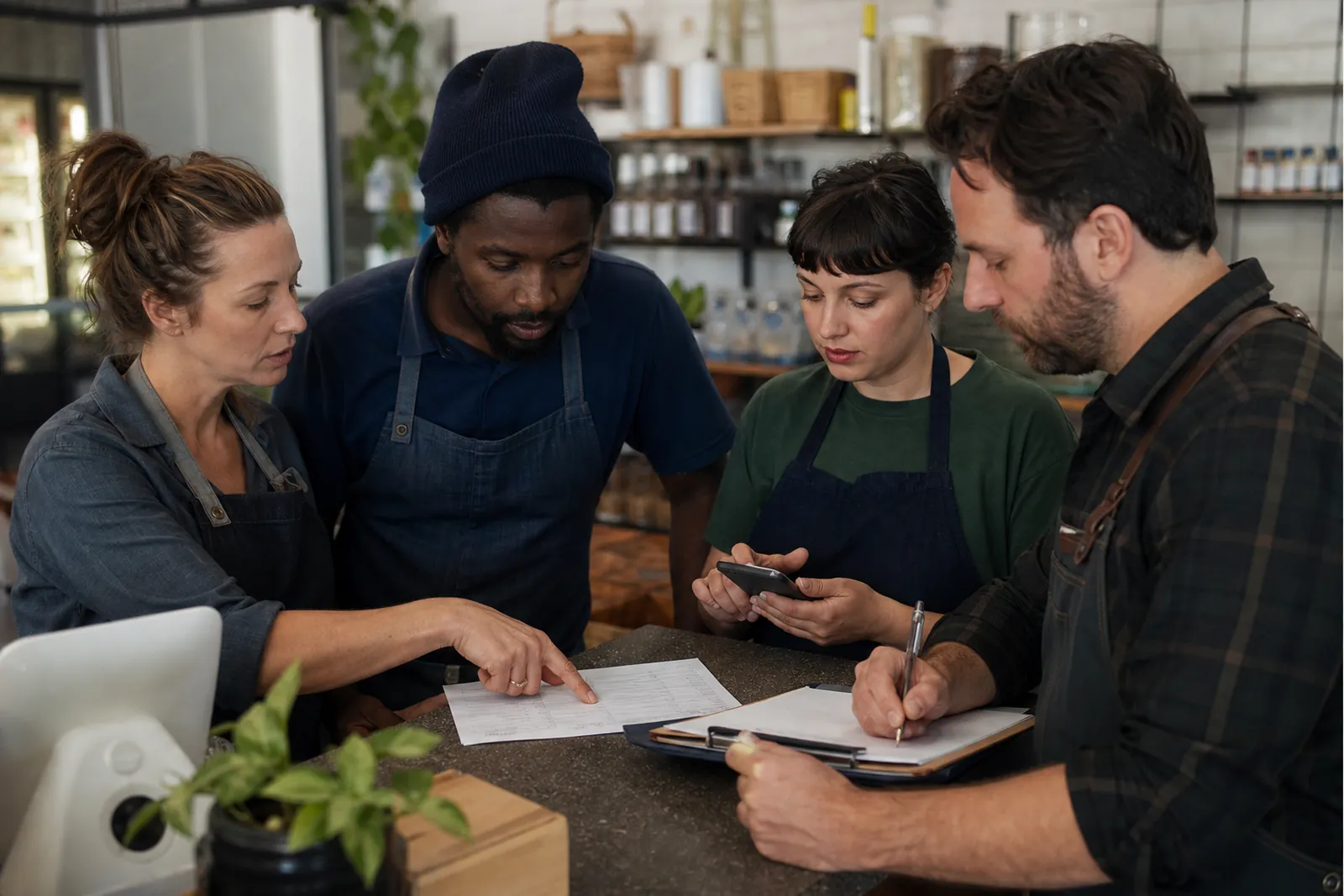 A small team in work clothes stands around a front counter in a local shop, pointing at a paper checklist while one person updates contact details on a clipboard and another holds a phone, with natural daylight and no vi