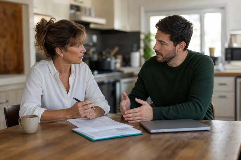 A small business owner and a web specialist sit at a kitchen table with printed notes, a laptop closed nearby, and a folder of papers beside a coffee mug, talking through a website