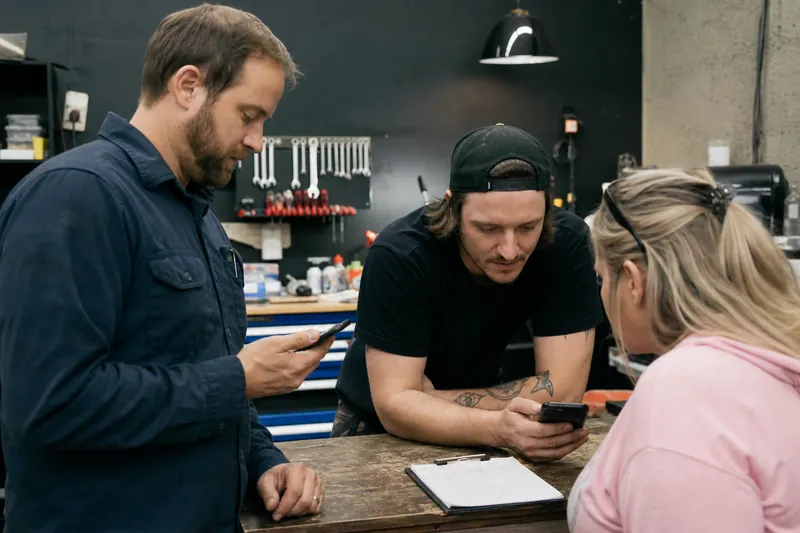 A small business owner in a work van parking near a house, checking incoming messages on a phone while a team member carries tools in the background.