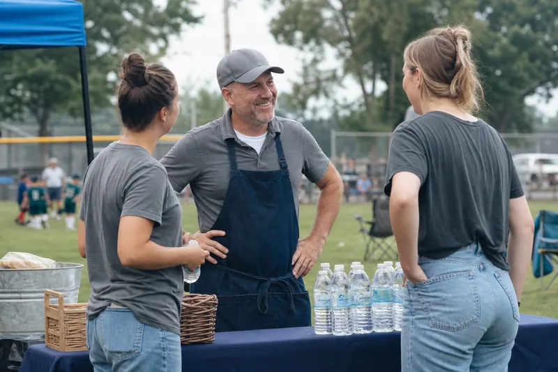 A small business owner in work clothes stands with two event volunteers beside a sponsor table at a local youth game, with a banner, folding chairs, and candid smiles in the backgr