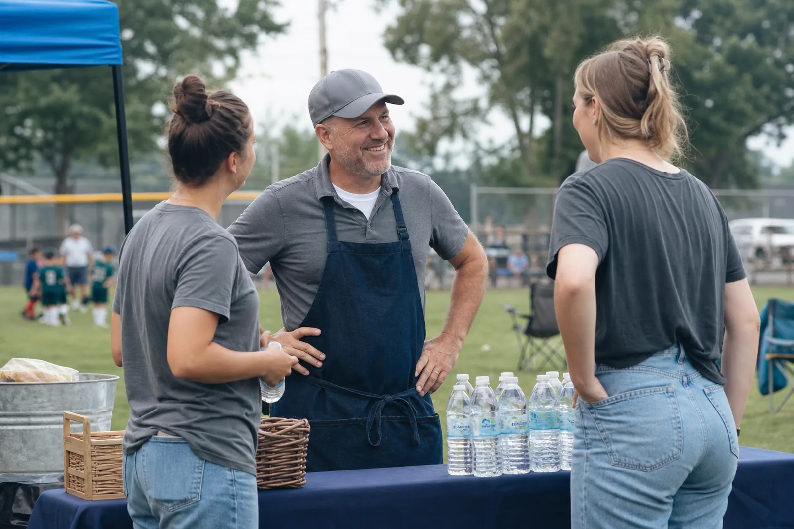 A small business owner in work clothes stands with two event volunteers beside a sponsor table at a local youth game, with a banner, folding chairs, and candid smiles in the background.